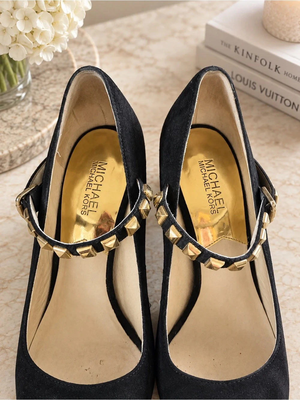 MICHAEL Michael Kors Black Suede Studded Ankle-Strap Pumps